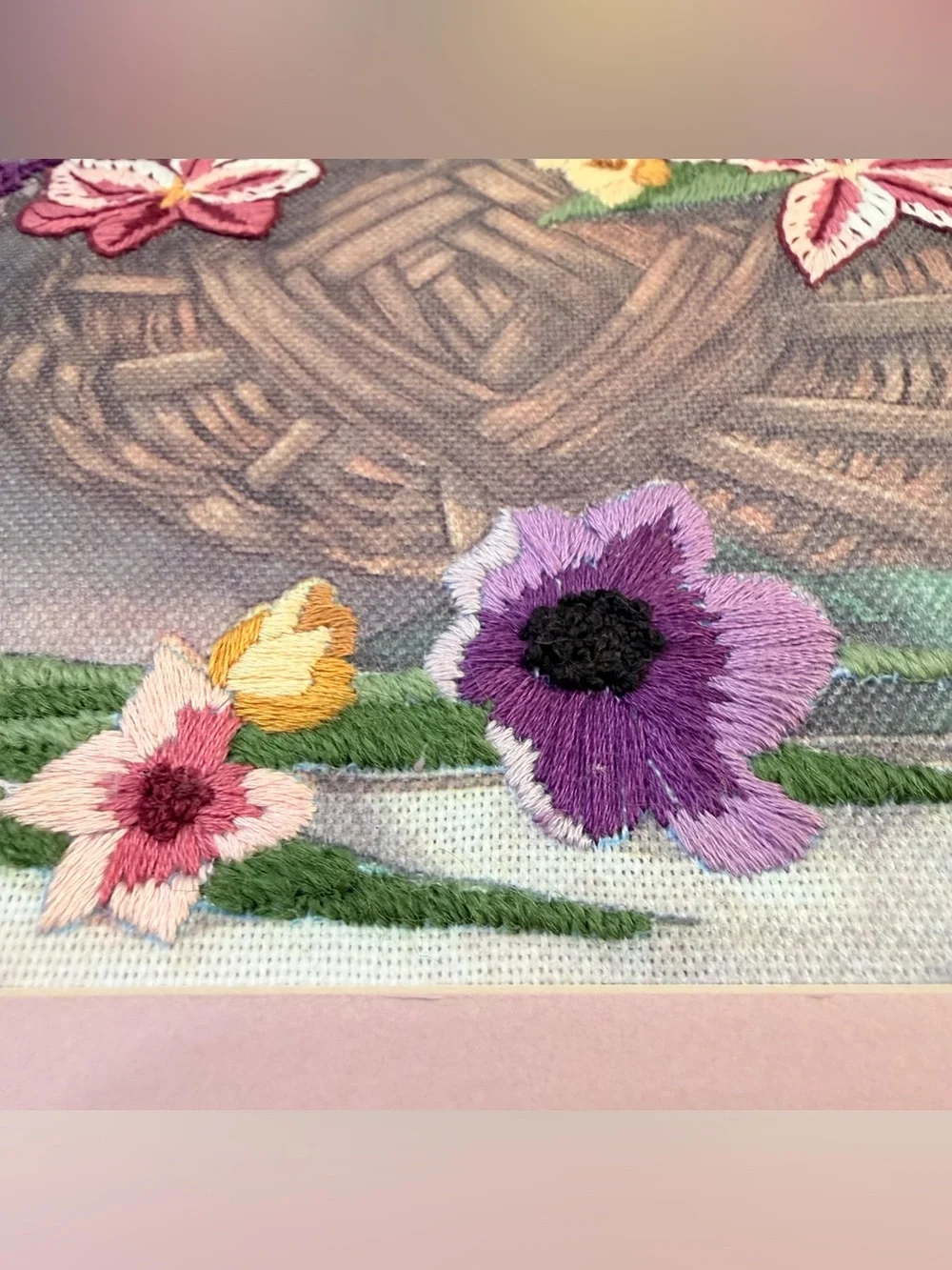 Vintage Crewel 3D Embroidery Wicker Basket Garden Floral Flowers MCM Framed